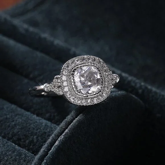 ▶Luxury CZ Shiny Gem Macro Pave Square Noble Dainty Wedding Rings, K932